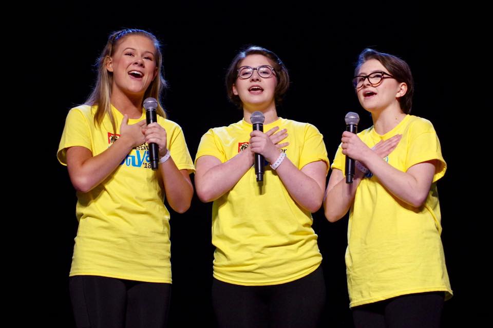  Spotlight Theatre Productions (Sarasota, FL) students Samantha Crawford, Emma Diner & Sarah Johnson snag the national anthem for just about 6,000 attendees at the Kick-Off opening ceremonies.  Photo: Marcus Woollen