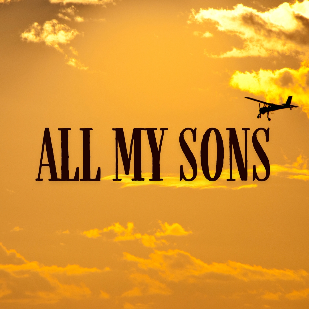 Image of a plane flying in an orange sky with the words all my sons in brown text