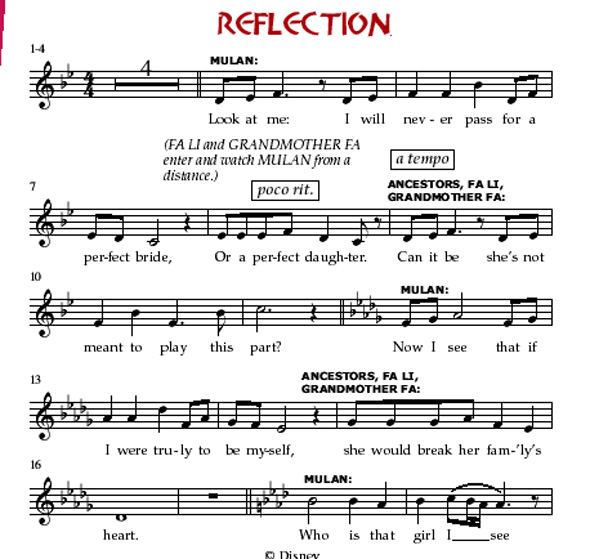reflection mulan sheet music
