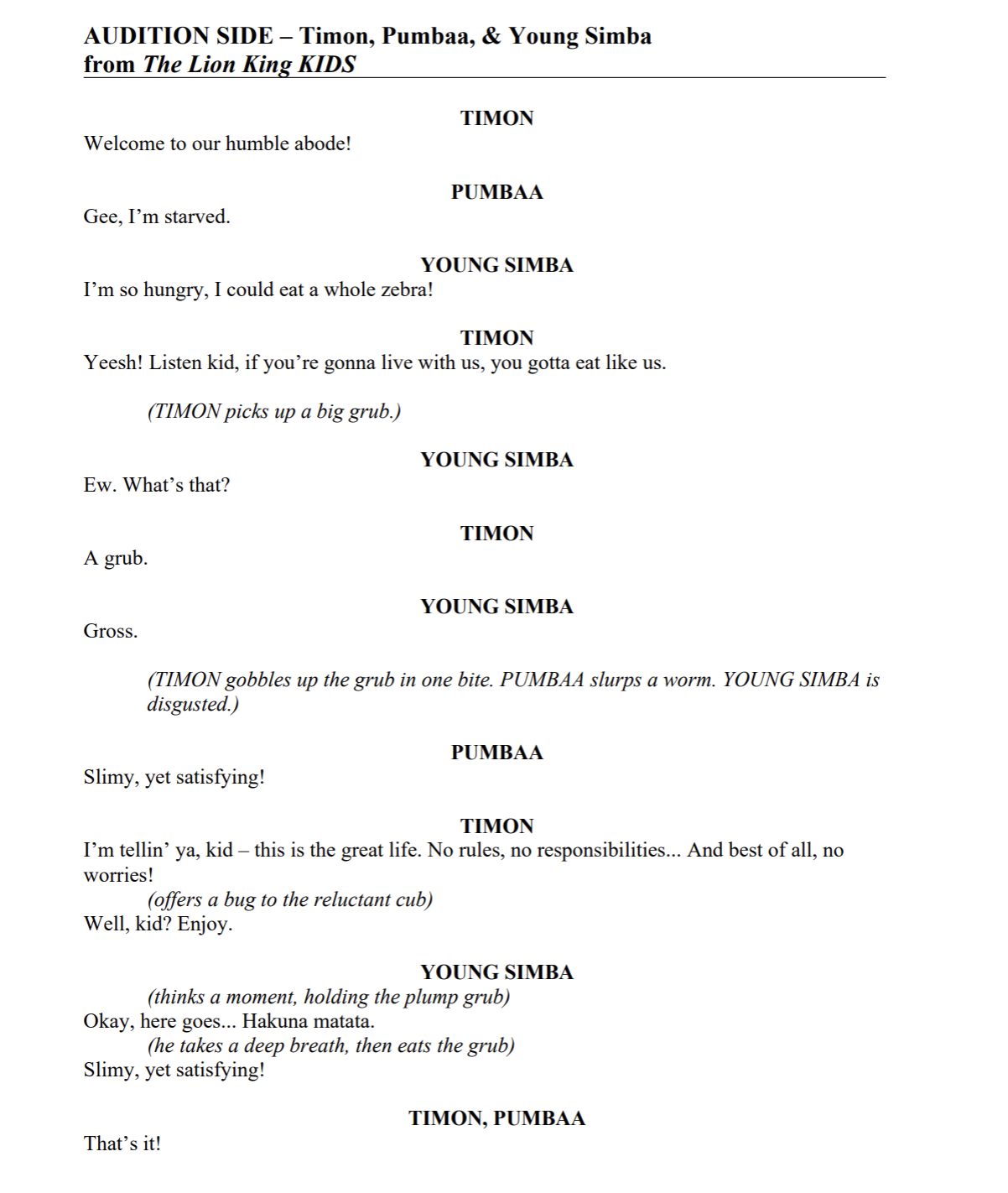 Audition Side Timon Pumbaa Young Simba