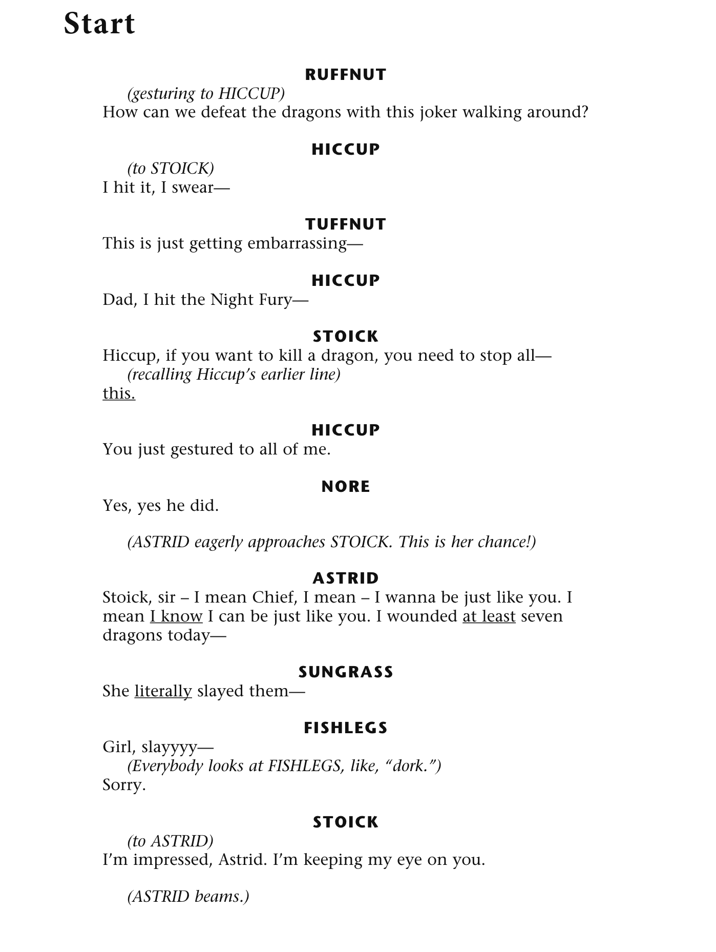 Hiccup, Astrid, Ruffnut, Tuffnut, Fishlegs, Dane, Frostbite, Brita, Sungrass, Stoick, Gobber, Burnthair, Hoarck, Ack, Gudrun, Gertrud, Nore Side