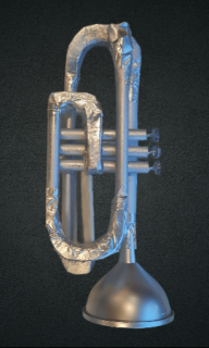 Handmade silver cornet in a greyish-black background.