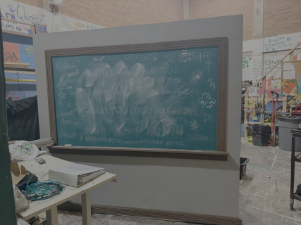 Chalkboard with fabric covering the words. 