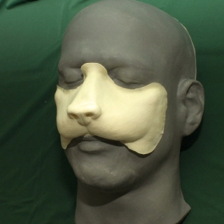 A foam latex cat nose prosthetic placed on a platic human face cast.