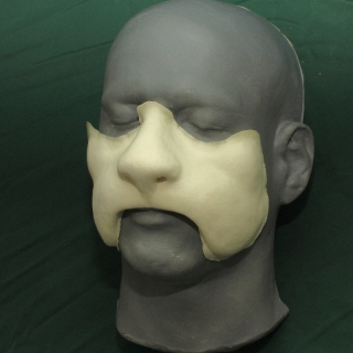 A foam latex cowardly lion nose prosthetic placed on a platic human face cast.