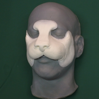 Housecat Nose foam latex prosthetic A foam latex housecat nose prosthetic placed on a platic human face cast.