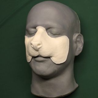 A foam latex rat nose prosthetic placed on a platic human face cast.