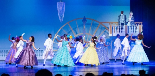 Cinderella Broadway musical costume rentals - the ensemble in ballgowns - Front Row Theatrical - 800-250-3114
