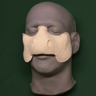 A foam latex lizard nose prosthetic placed on a platic human face cast.