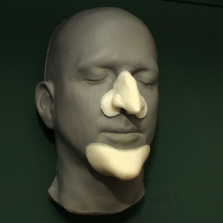 A foam latex prosthetic Witch nose and chin placed on a platic human face cast.