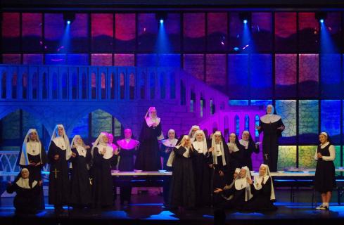 Sister Act broadway set rental ---- stained glass wall and Church --- Stagecraft Theatrical 800-499-1504