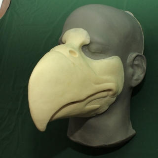 A foam latex eagle beak prosthetic placed on a platic human face cast.