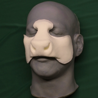A foam latex cow nose prosthetic placed on a platic human face cast.