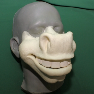 A foam latex cartoon donkey prosthetic placed on a platic human face cast.