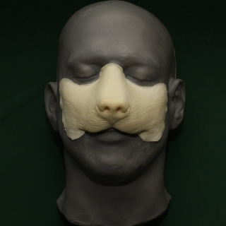 A foam latex wolf nose prosthetic placed on a platic human face cast.