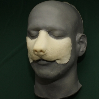 A foam latex wolf nose prosthetic placed on a platic human face cast.