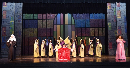 Sister Act broadway set rental ---- stained glass wall and Church --- Stagecraft Theatrical 800-499-1504