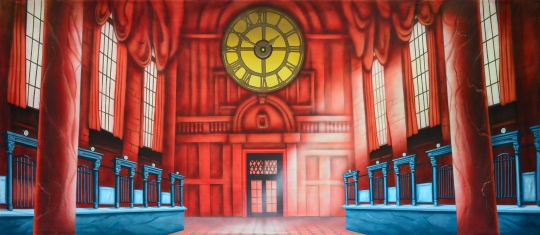 An old London Style Bank Interior Backdrop used in Mary Poppins plays