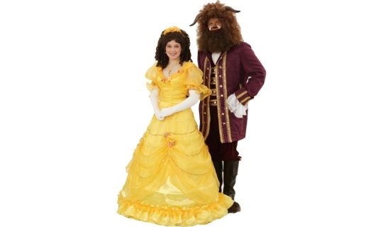 Rental Costumes for Beauty and the Beast - Belle in Her Iconic Yellow Ballgown and the Beast Pictured with Rental Wig