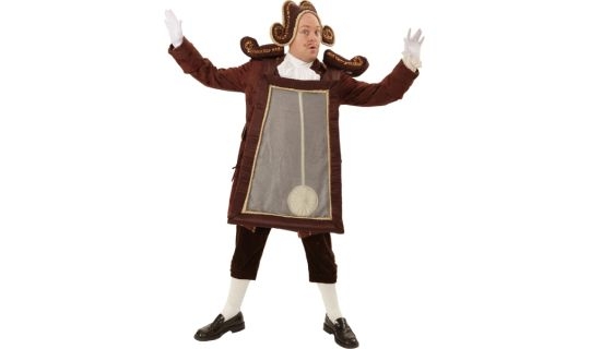 Rental Costumes for Beauty and the Beast - Cogsworth Enchanted as a Clock Front View the Tabard Features a Pendulum That Moves with the Actor and Costume Is Pictured with Optional Decorative Clock Headpiece
