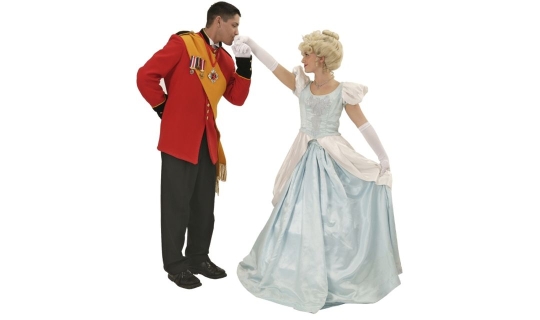 Prince Charming and Cinderella in her ball gown Rental Costumes for Cinderella, the Musical - Prince Charming and Cinderella in her ball gown