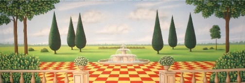 Adorable Garden with Red and Yellow Checkered Board floor backdrop for Alice in Wonderland plays