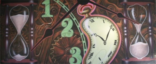 Grosh Backdrop Clock Montage is used in the play Alice in Wonderland