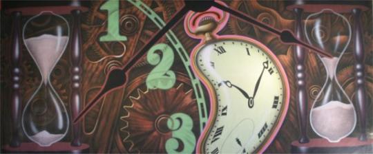 Grosh Backdrop Clock Montage is used in the play Alice in Wonderland