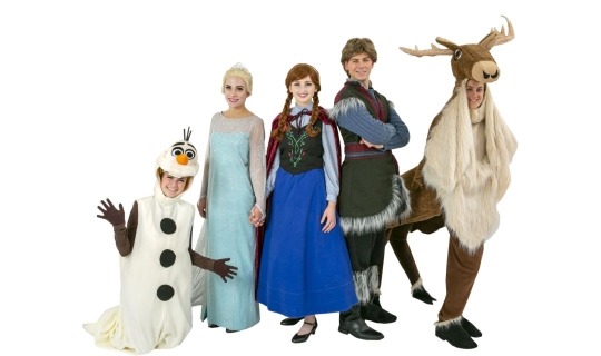 Rental Costumes for Frozen - Olaf Snowman, Elsa Ice Dress, Anna Travelling Outfit, Kristoff, and four legged Sven Rental Costumes - Sven also available in a two legged version