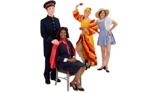 Rental Costumes for Guys and Dolls - Male Mission Uniform Navy Blue, Sarah Brown, Female Calypso Dancer, and Hot Box Girl in her Farmerette Outfit