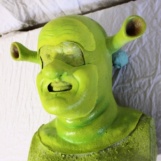 A shrek hood, face and forehead placed on a mannequin head