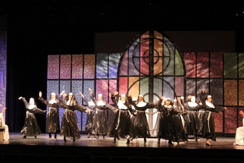 Sister Act broadway set rental ---- stained glass wall and Church --- Stagecraft Theatrical 800-499-1504