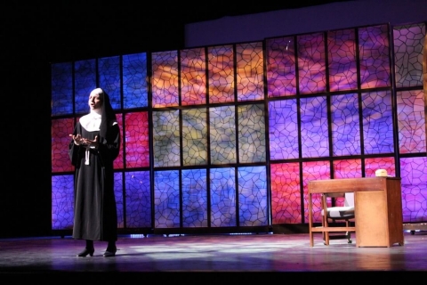 Sister Act broadway set rental ---- stained glass wall and Church --- Stagecraft Theatrical 800-499-1504