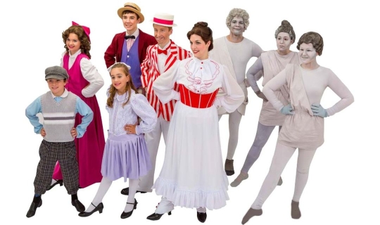 Rental Costumes for Mary Poppins – Michael Banks, Conversation Shop Chorus Female, Jane Banks, Conversation Shop Chorus Male, Burt in Jolly Holiday Outfit, Mary Poppins in Jolly Holiday Outfit, Park Statues
