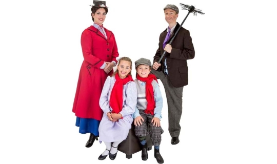 Rental Costumes for Mary Poppins – Mary Poppins, The Banks’ Children Jane and Michael, Burt in chimney sweep outfit.