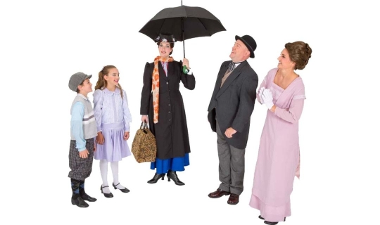Rental Costumes for Mary Poppins – Banks’ Children Michael and Jane, Mary Poppins with Umbrella, Mr. George Banks, Mrs. Winifred Banks