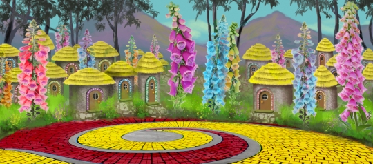 Adorable Munchkinland backdrop used in the play Wizard of Oz