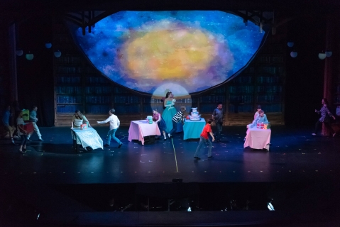 Matilda the musical bookcases and letters rental set with projections - front row theatrical rental - 800-250-3114