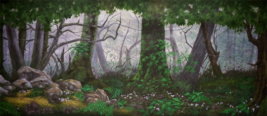 Forest Panel 2 backdrop by Grosh Backdrops and Drapery used in the production of Lion King,Seven Brides for Seven Brothers, Shrek, and Into the Woods