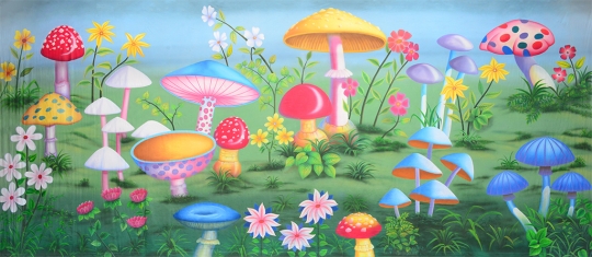 Garden of Giant Mushroom backdrop for Alice in Wonderland plays