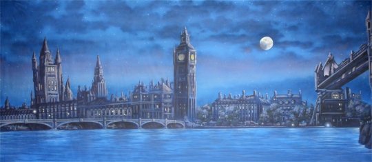 The quiet London Skyline at Night backdrop is used in productions of Mary Poppins and Peter Pan