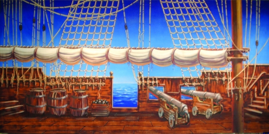 Captain Hook steers this Pirate Ship with Cannons backdrop in productions of Peter Pan