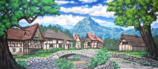 A quaint village backdrop for the play Beauty and the Beast