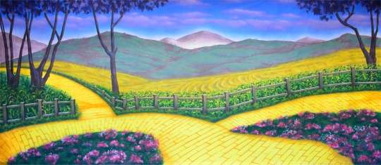 Grosh yellow brick road backdrop used in plays of Wizard of Oz