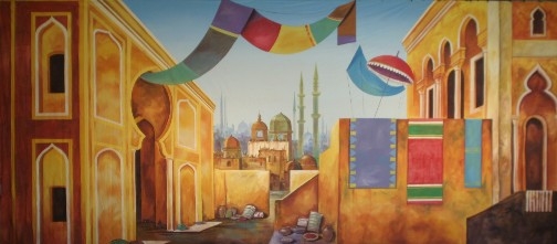 Colorful Arabian Marketplace backdrop used in the play Aladdin