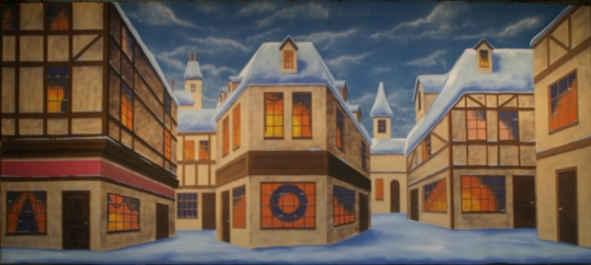English winter village backdrop used in productions of A Christmas Carol and Scrooge