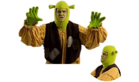 Rental Costumes for Shrek the Musical - Fabric Hood included with rentals (Other pictures are with optional prosthetic hood)