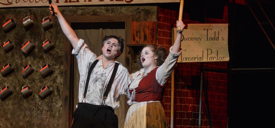 Sweeney Todd: The Demon Barber of Fleet Street, music and lyrics by Stephen Sondheim, book by Hugh Wheeler. Performed by Troupe 856, Pleasant Valley High School, Bettendorf, Iowa. Photos by John Nollendorfs. Sweeney Todd: The Demon Barber of Fleet Street, music and lyrics by Stephen Sondheim, book by Hugh Wheeler. Performed by Troupe 856, Pleasant Valley High School, Bettendorf, Iowa. Photos by John Nollendorfs.