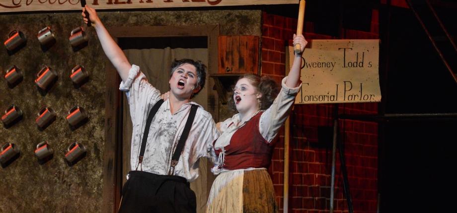 Sweeney Todd: The Demon Barber of Fleet Street, music and lyrics by Stephen Sondheim, book by Hugh Wheeler. Performed by Troupe 856, Pleasant Valley High School, Bettendorf, Iowa.  Photos by John Nollendorfs.