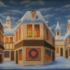English winter village backdrop used in productions of A Christmas Carol and Scrooge